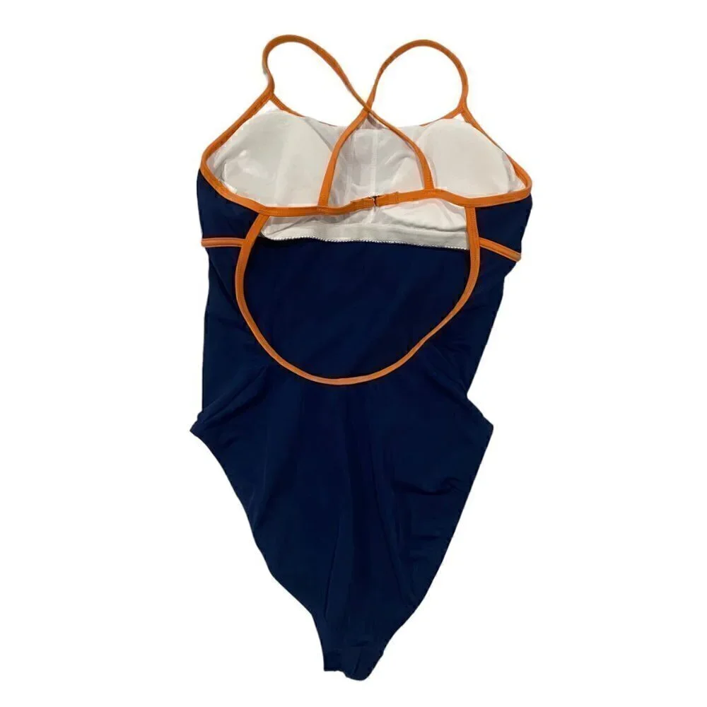 Nike Women Swimsuit Navy Orange Thin Straps Removable Pads Back Hook Stretch 12
